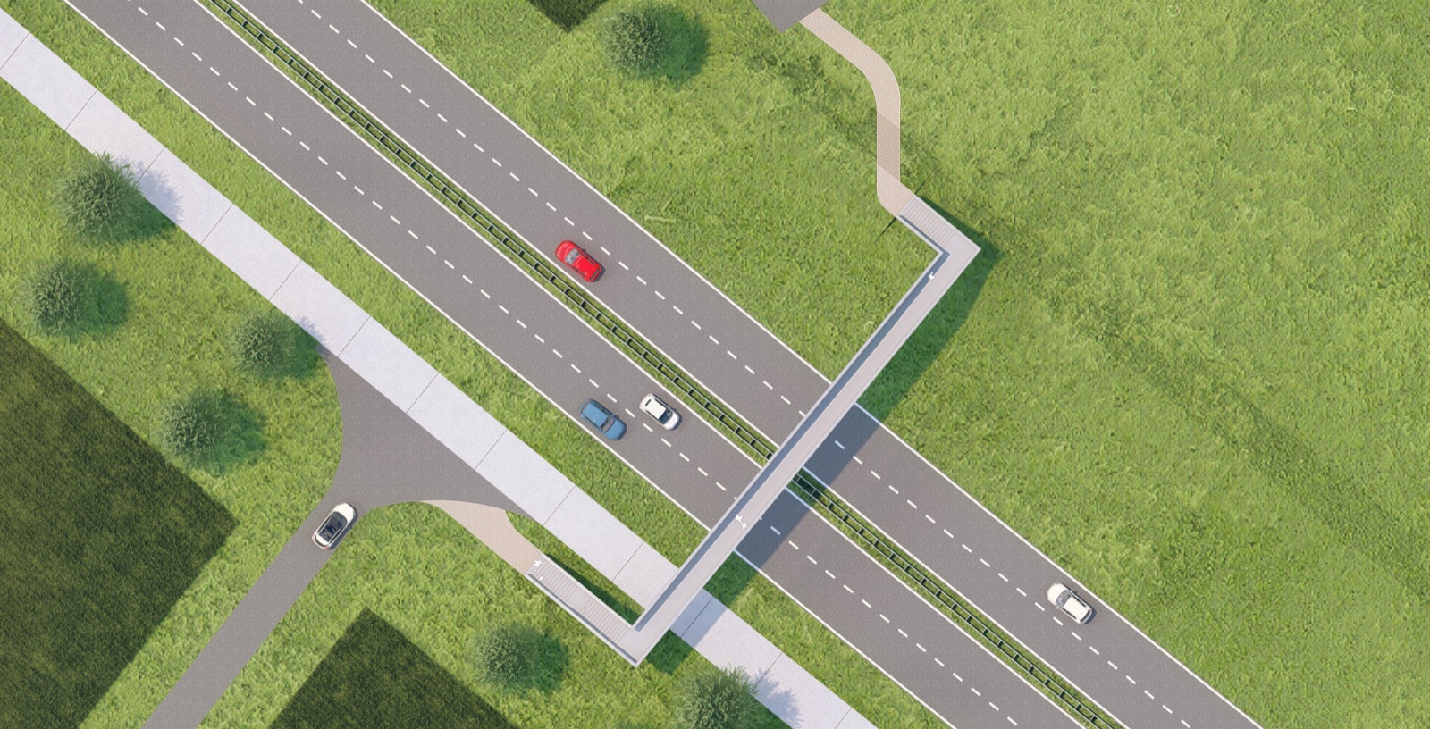 Impressietekening recht van boven: de brug kruist de N297 haaks en sluit aan beide zijden aan op een voetpad door het veld.