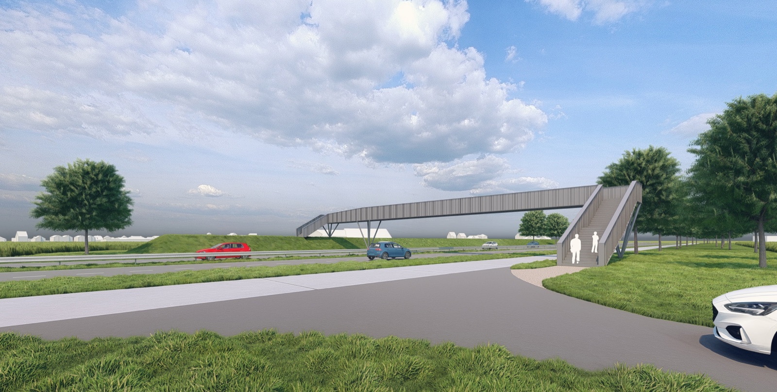 Impressietekening vanaf ooghoogte naast de weg: de brug overspant de rijbaan in één keer, met een trap aan de rechterzijde.