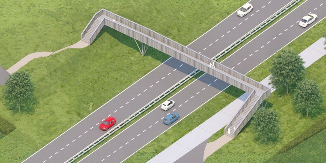 Impressietekening van de voetgangersbrug over de N297 van bovenaf schuin gezien: een slanke brug met aan beide zijden een trap, met de steunpijler naast de rijbaan en niet in de middenberm.