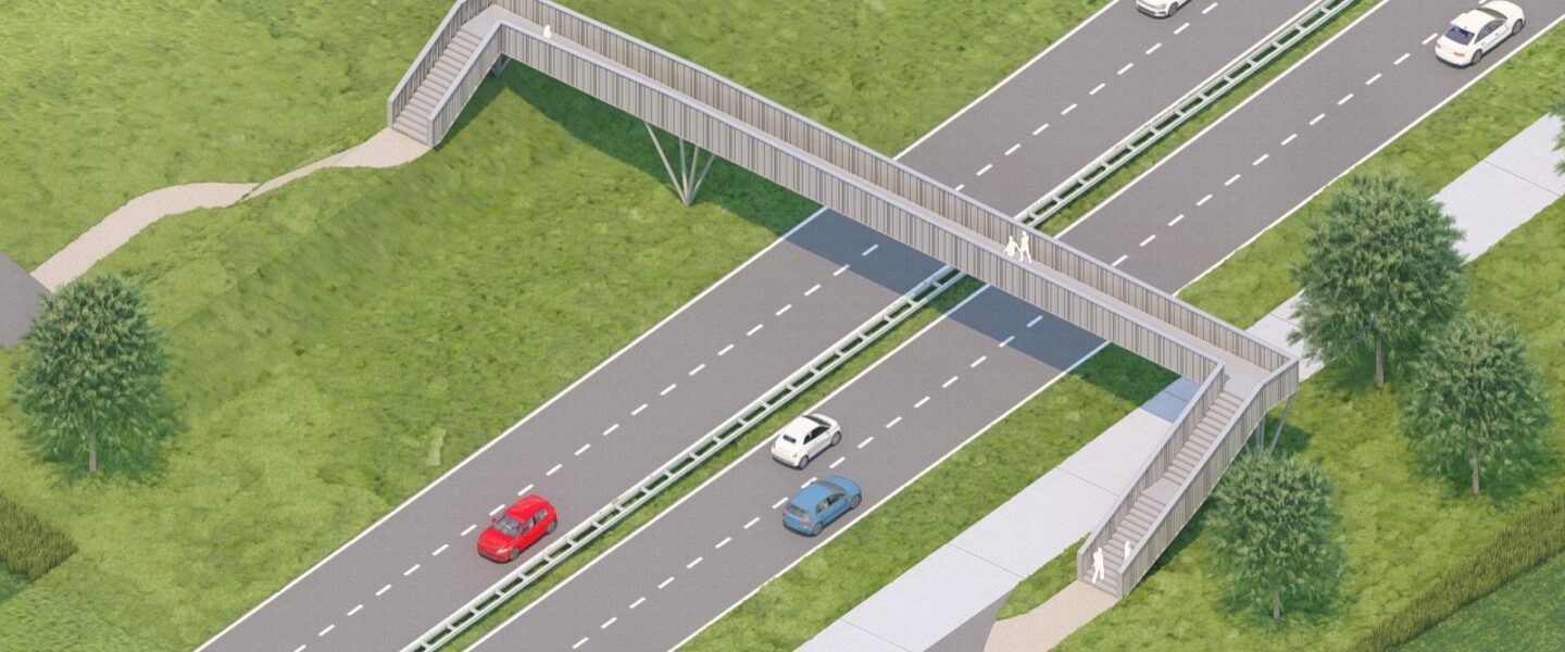 Impressietekening van de voetgangersbrug over de N297 van bovenaf schuin gezien: een slanke brug met aan beide zijden een trap, met de steunpijler naast de rijbaan en niet in de middenberm.