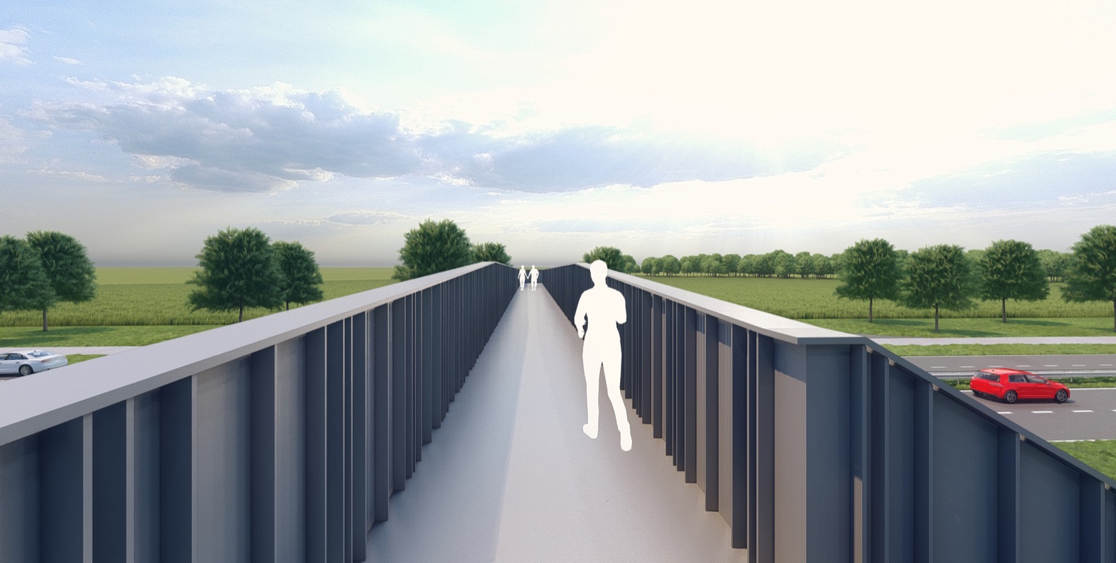 Impressietekening vanaf de brug: een wandelaar loopt over het brugdek tussen hoge zijwanden, met het landschap aan weerszijden.