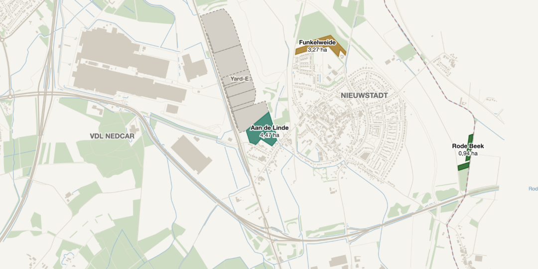 Kaart van Nieuwstadt met vier gekleurde gebieden: Rode Beek 0,94 hectare, Krekelzankweg 1,20 hectare, Funkelweide 3,27 hectare en Aan de Linde 4,47 hectare.