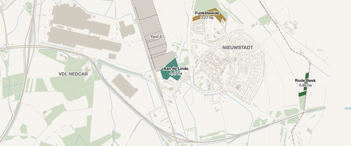 Kaart van Nieuwstadt met vier gekleurde gebieden: Rode Beek 0,94 hectare, Krekelzankweg 1,20 hectare, Funkelweide 3,27 hectare en Aan de Linde 4,47 hectare.